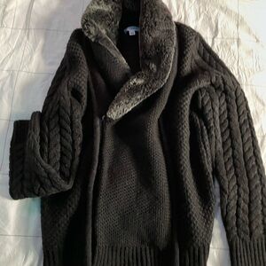 Calvin Klein Cable Knit Faux Fur Collar Sweater M Brown
